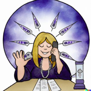 Eine Kartenlegerin die am Telefon die Tarotkarten legt